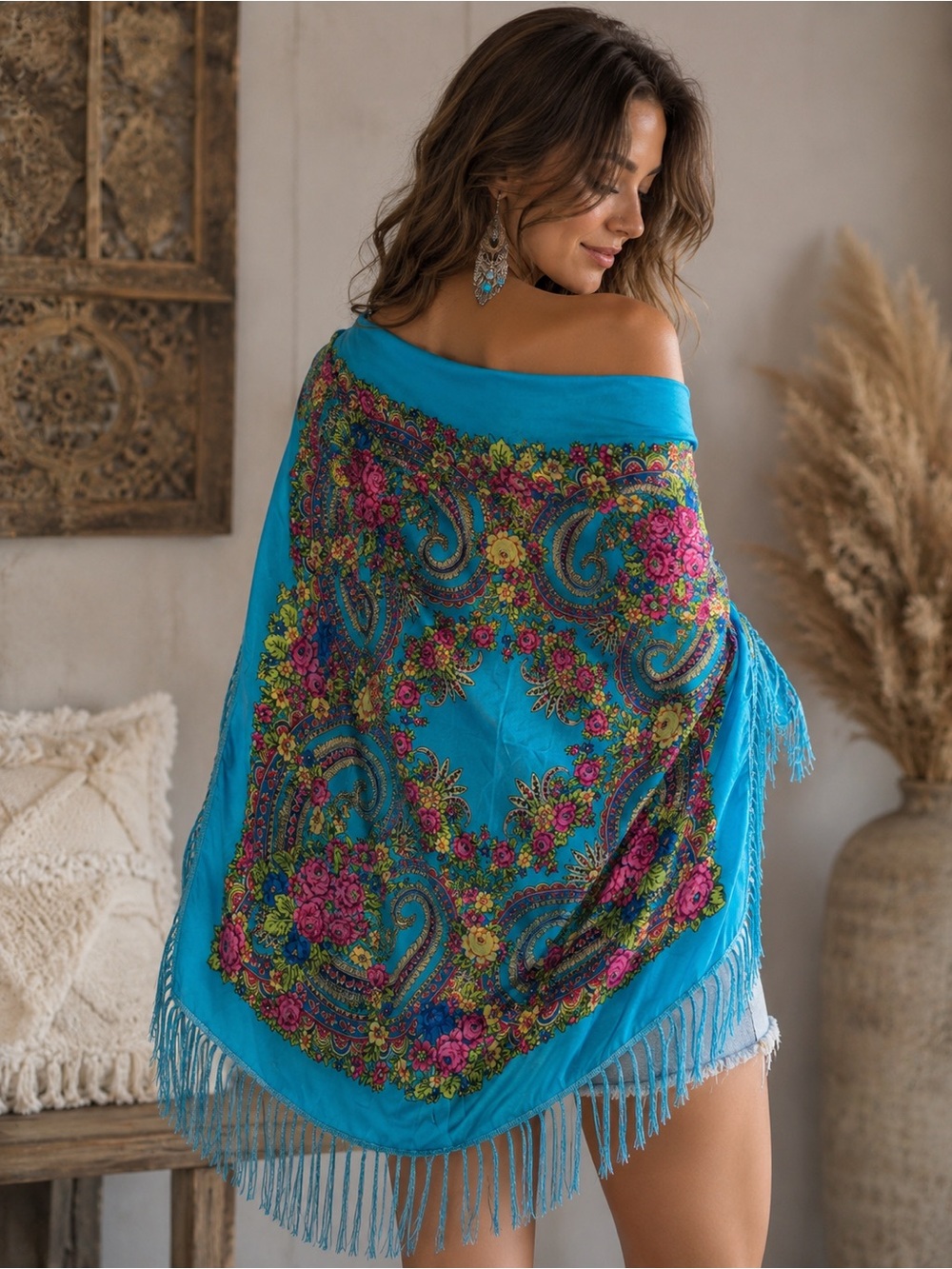 Gorgeous turquoise floral fully fringed shawl
